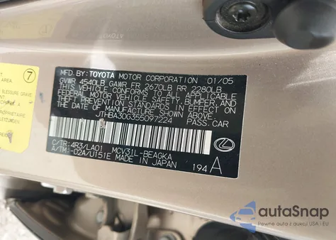 2005 Lexus Es 330 from USA, damaged, VIN JTHBA30G355097224